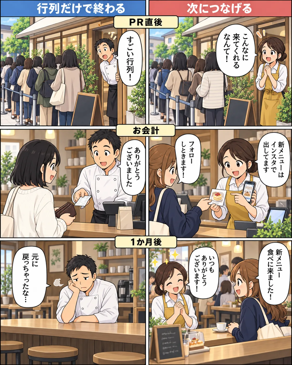 比較漫画。左は「行列だけで終わる」、右は「次につなげる」。PR直後:左の店主は「すごい行列!」、右の店主は「こんなに来てくれるなんて!」。お会計:左は「ありがとうございました」だけ、右は「新メニューはインスタで出してます」と伝え、お客さんが「フォローしときます!」。1か月後:左の店主は「元に戻っちゃったな…」、右ではお客さんが「新メニュー食べに来ました!」、店主が「いつもありがとうございます!」。