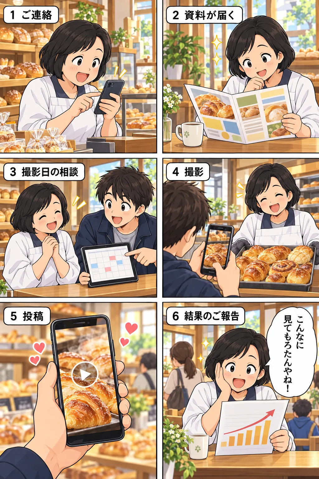 漫画で見るご依頼の流れ。1 ご連絡:パン屋の店主がスマホでメッセージを送る。2 資料が届く:店主が資料を読む。3 撮影日の相談:店主とチチトコがカレンダーを見ながら相談。4 撮影:チチトコがスマホを縦に構えて焼きたてのパンを撮影。5 投稿:スマホにパンの縦動画が流れる。6 結果のご報告:店主が報告書を見て「こんなに見てもろたんやね!」。